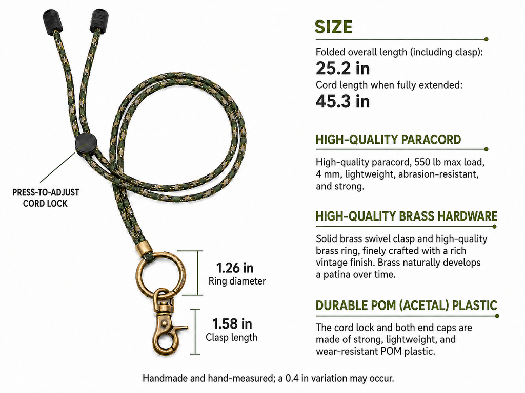 Adjustable Paracord Neck Lanyard with Brass Hardware – EDC Lanyard for Keys, Glasses & Small Gear, 10 Colors