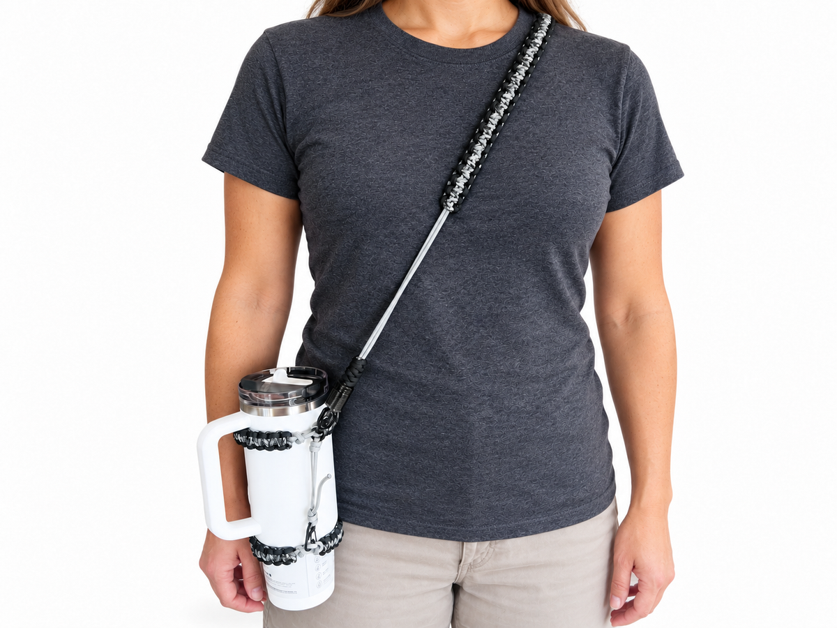 Personalized Beaded Paracord Cup Carrier with Name – Adjustable Crossbody Water Bottle Holder
