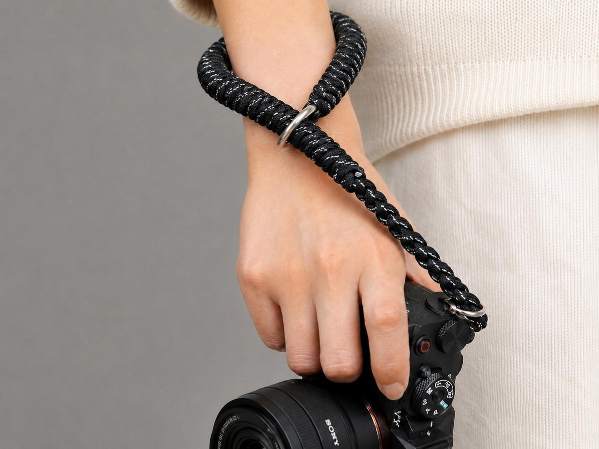 Handmade Paracord Camera Wrist Strap, Genuine Leather Lanyard, Outdoor Style DSLR Accessory